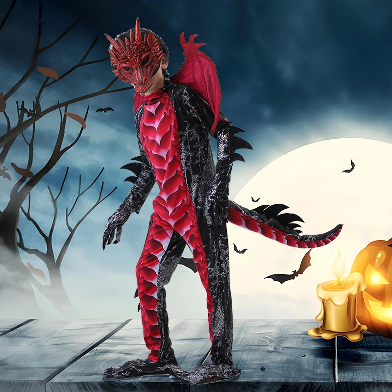 Halloween-valokuvaus, punainen ja sininen lasten lohikäärmeasu
